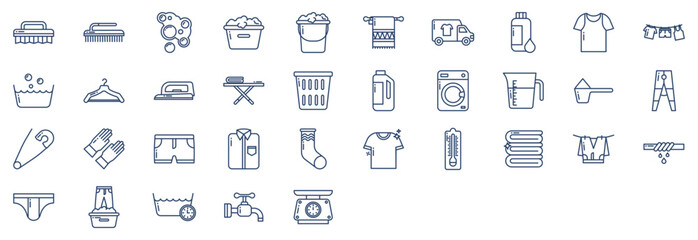 Collection of icons related to Laundry and dry cleaners, including icons like Cloth, Bucket, wash, Dress and more. vector illustrations, Pixel Perfect set
