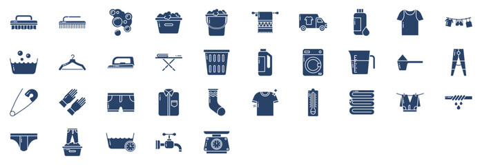 Collection of icons related to Laundry and dry cleaners, including icons like Cloth, Bucket, wash, Dress and more. vector illustrations, Pixel Perfect set
