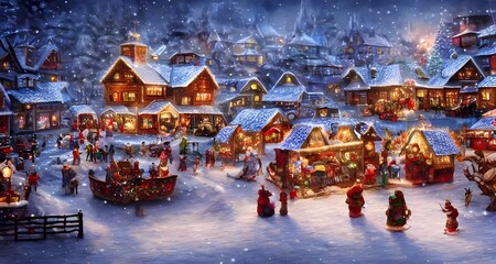 The snow is falling gently outside, and the Christmas lights are shining in the windows of the houses. The villagers are all bundled up in their coats and hats, ready to enjoy a day out in the cold.