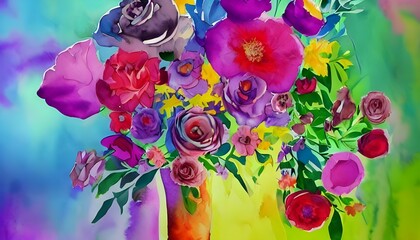 I see a watercolor flower bouquet. The flowers are roses, pansies, and daisies. They are all different colors: pink, purple, yellow, white. The green stems are intertwined. The background is light