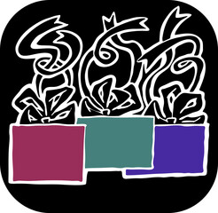 Gift box with bow, hand drawn illustration. Cartoon style drawing. Decorative element for poster print, Christmas party invitation, birthday, wedding celebration, anniversary event, sale discount.