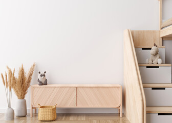 Empty white wall in modern child room. Mock up interior in scandinavian style. Copy space for your artwork, picture or poster. Bed, sideboard, pampas grass in vase. Cozy room for kids. 3D rendering.