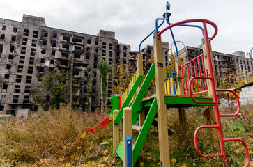 destroyed and burned houses in the city during the war in Ukraine