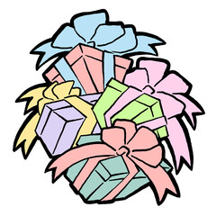 Gift box with bow, hand drawn illustration. Cartoon style drawing. Decorative element for poster print, Christmas party invitation, birthday, wedding celebration, anniversary event, sale discount.