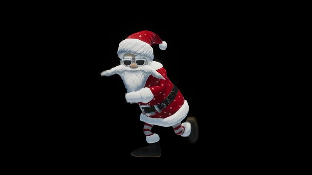 Funny Santa Claus dancing swing, isolated on black, with alpha matte, looped 3D animation