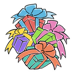 Gift box with bow, hand drawn illustration. Cartoon style drawing. Decorative element for poster print, Christmas party invitation, birthday, wedding celebration, anniversary event, sale discount.