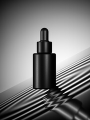 Fototapeta premium Black dropper bottle with a pipette on the dark wavy water. Nature Skin concept. Organic Spa Cosmetics. 3d rendering