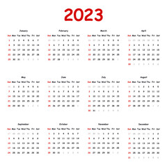 2023. Classic calendar with black and red numbers on a white background. The week starts on Sunday.  Vector.