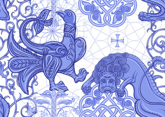 Byzantine traditional historical motifs of animals, birds, flowers and plants. Seamless pattern in blue colors. Vector illustration.