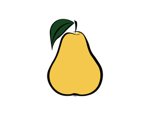 A yellow pear with a green leaf