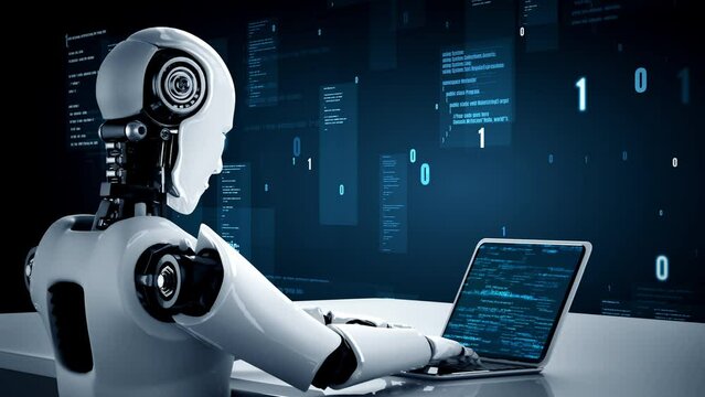 Futuristic robot artificial intelligence huminoid AI programming coding technology development and machine learning concept. Robotic bionic science research for future of human life. 3D rendering.