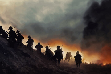 soldiers climbing a up a hill on the battlefield