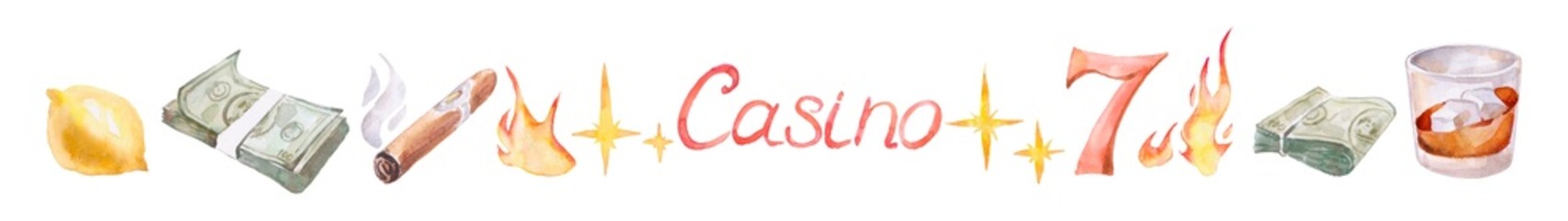 Casino icons on white background. Watercolor illustrations.