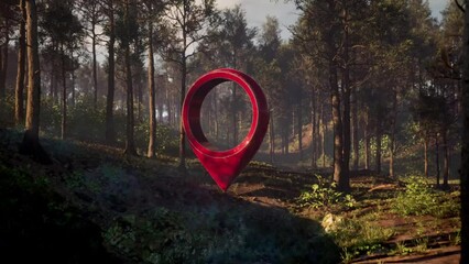 A red geotag in a beautiful forest at night. High quality 3d render