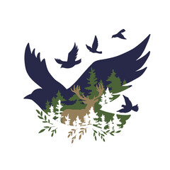 Bird silhouetter 3d papercut. Merry Christmas layered paper cut style. Reindeer vector illustration. Christmas Shadow box eps. Vector layout template for greeting cards, flyers, posters, invitations.
