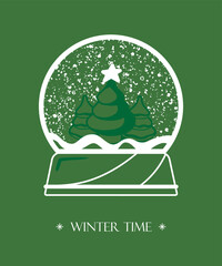 Naklejka premium Crystal ball emblem, snow globe outline shape, fir tree inside, falling snow, holiday decoration, simple vector print. Christmas celebration card.