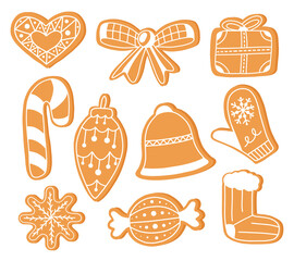 Gingerbread doodle flat icon set isolated on white background. Glazed traditional sweet food. Christmas decoration.