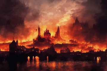 Fototapeta na wymiar disorder medieval city at war and on fire