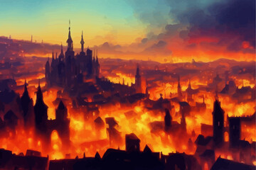 Fototapeta na wymiar Marvelous medieval city at war and on fire