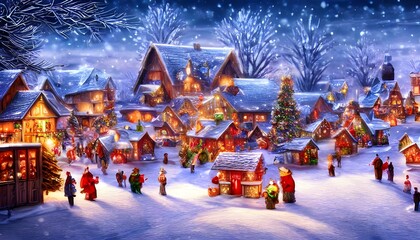 I see a beautiful winter village covered in soft blankets of snow. The houses are adorned with garlands and bright lights, and I can hear the cheerful sound of carols coming from somewhere nearby. Eve