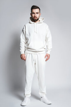 Handsome man wearing blank white hoodie and pants