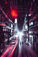 The pavement is covered in a thin layer of powdery snow, and the air is so cold that it hurts to breathe. The windows of the tall buildings on either side of the street are shining brightly with warm 