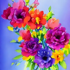 Fototapeta na wymiar A colorful watercolor flower bouquet is overflowing from a blue vase. The delicate blooms are in shades of pink, purple, and yellow. Some of the petals have fallen onto the table below, creating a sof