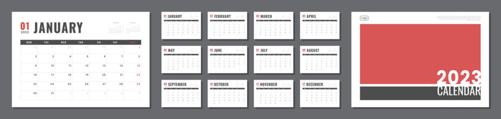 Set of 2023 Calendar Planner Template, and cover with Place for Photo, Company Logo. Vector simple grid layout for wall or desk calendar with week start on Monday for print