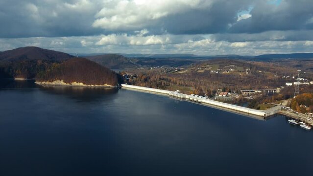 Aerial drone view of Solina lake dam, Poland. 4k footage