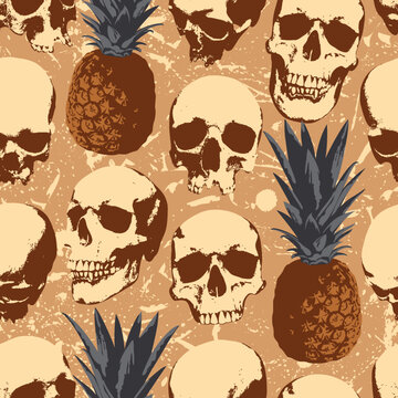 Seamless pattern with human skulls and pineapples on grunge texture background. Vector background with sinister skulls in retro style. Graphic print for clothes, fabric, wallpaper