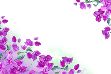 Two corner frame of exotic purple bougainvillea flowers with multicolor gradient fog, isolated on white background. Hand drawn watercolor. Copy space.