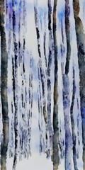 In the watercolor winter forest, delicate tree branches are heavy with frost and snow. The ground is blanketed in a thick layer of white, and the air is crisp and still. There's a feeling of peace and