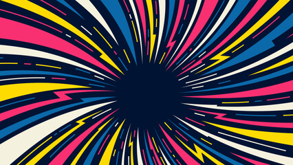 Pop art comic fast speed lines. Radial colored lightning directed to the center of the screen. Dynamic vector background wirh super hero explosive speed lines. - 543524309