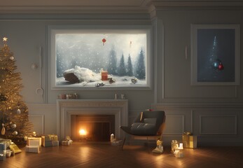 a christmas photorealistic painting, home, interior, new year mood, new year room, christmas interior