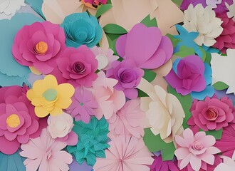 I am looking at a design of paper flowers. The background is green, and the flowers are various shades of pink, red, and purple. There are also some leaves in different shades of green. The overall ef