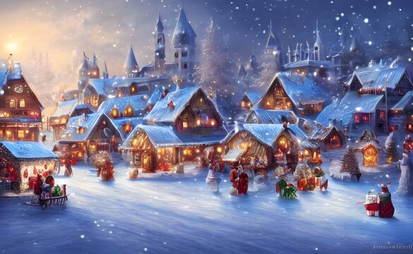 The winter christmas village is so pretty with all of the lights and snow. It looks like a scene from a movie!