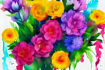 The watercolor flower bouquet is beautiful. The flowers are purple and blue, and they are surrounded by green leaves. The bouquet is in a clear vase, and there is a white background.
