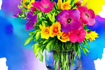 A watercolor flower bouquet is a beautiful arrangement of flowers in different colors. The pedals are delicately painted and each one is unique. The leaves are green and the stems are thin and delicat