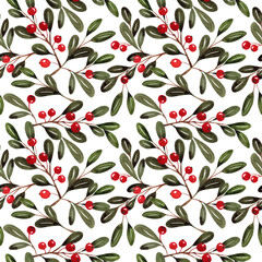 Christmas green leaves and red berries seamless pattern. New year, christmas or winter holidays.