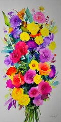 The bouquet is composed of a variety of different flowers in shades of pink and purple. Some of the blossoms are fully open while others are just beginning to unfurl. The stems are slender and green, 