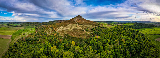 Aerial view of Roseberry Topping a distinctive hill in North Yorkshire, England. It is situated...