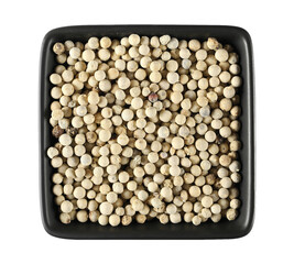 Grain white pepper pile in porcelain bowl, peppercorn isolated on white, top view  