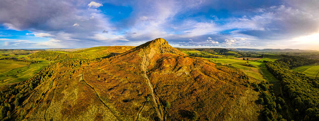 Aerial view of Roseberry Topping a distinctive hill in North Yorkshire, England. It is situated...
