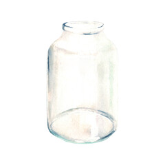 Transparent glass bottle, vase, jar. Watercolor hand drawn illustration on a white background.
