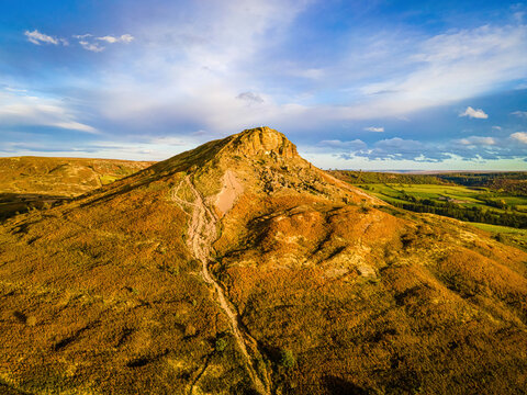 Aerial view of Roseberry Topping a distinctive hill in North Yorkshire, England. It is situated near Great Ayton and Newton under Roseberry