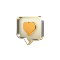 Gold heart symbol in a rectangular silver pin on a transparent background. Social media notification. 3d render