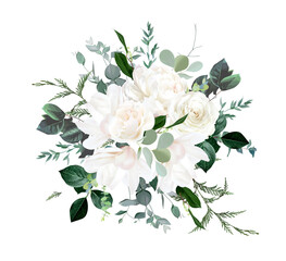 Ivory roses, white peony and magnolia, cedar, fern, eucalyptus vector design bouquet