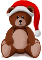 Teddy bear sitting wearing Santa's hat, handmade JPEG drawing, handmade digital illustration. png