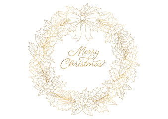 クリスマスリースの線画イラスト, デザインフレーム, クリスマスの装飾, 白背景に金色の線画.