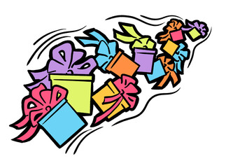 Gift box with bow, hand drawn illustration. Cartoon style drawing. Decorative element for poster print, Christmas party invitation, birthday, wedding celebration, anniversary event, sale discount